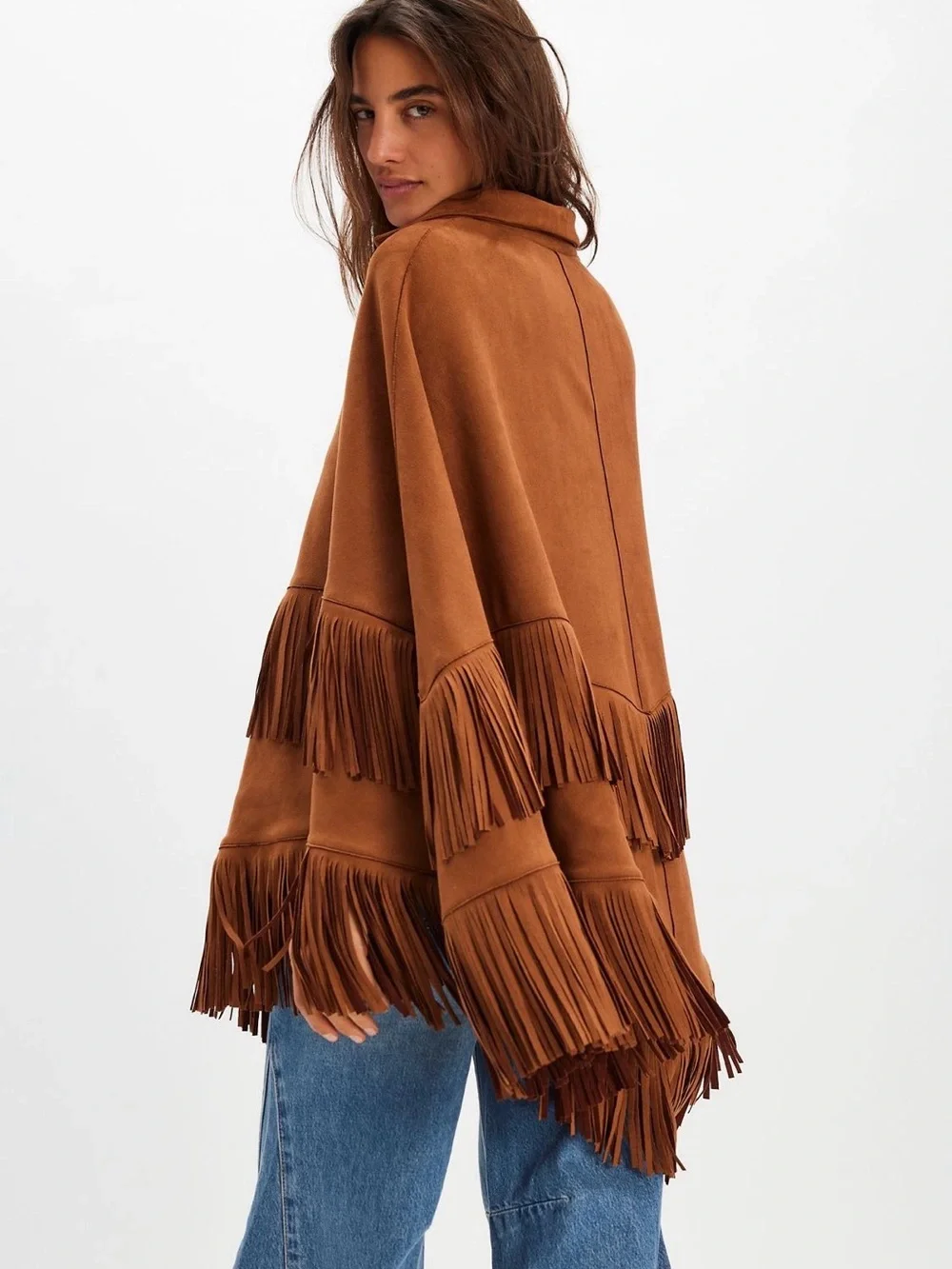 Free People Brown Suede Fringe Poncho